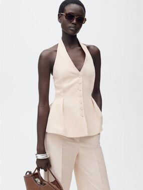 Mango Halter Button-Front Vest in Soft Cream